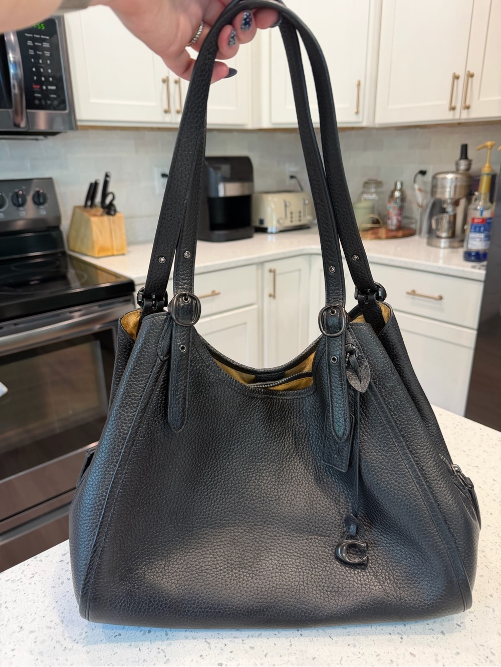 Coach Black Pebbled Leather Shoulder Bag with Gold Interior